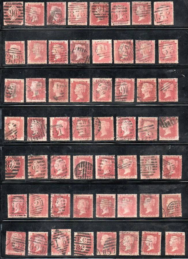 GB SELECTION OF (X56) USED 1 PENNY RED SINGLES. CONDITION AS PER SCANS. UNCHECKED PLATES ETC.