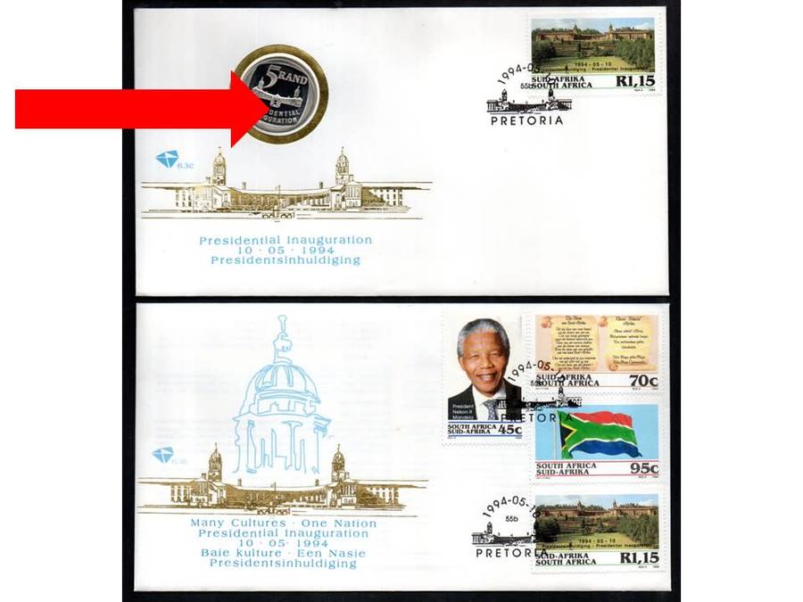 RSA 1994 PRES ELECTION COIN FDC 6.3c `MISSING STEPS` VARIETY + MANDELA FDC 6.3b. AS LISTED. VALUE!