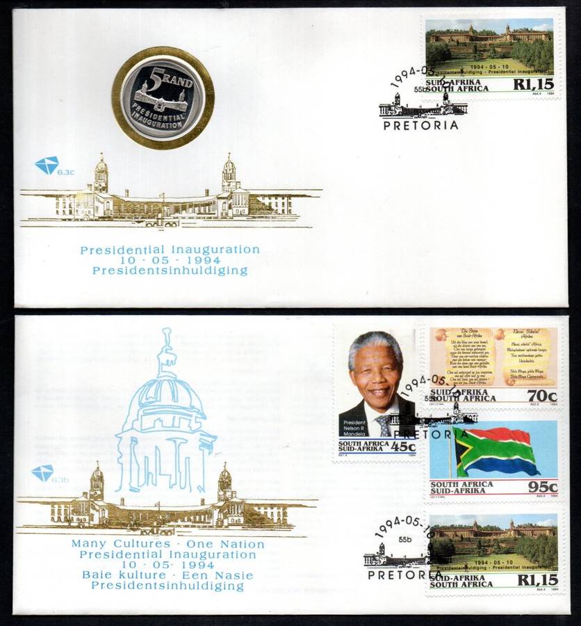 RSA 1994 PRES ELECTION COIN FDC 6.3c `MISSING STEPS` VARIETY + MANDELA FDC 6.3b. AS LISTED. VALUE!