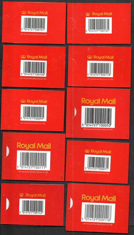 GB SELECTION OF (X10) MINT BARCODE BOOKLETS. 1ST/SECOND CLASS/POSTCARD STAMPS. GOOD TOTAL CV.