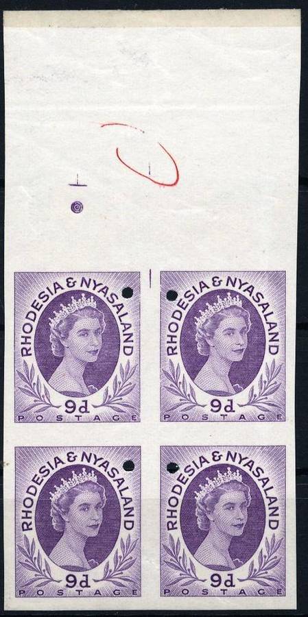 RHODESIA & NYASALAND - MARGINAL ARCHIVAL PROOF BLOCK OF 4 -- 9d - SUPERB CONDITION - View Below