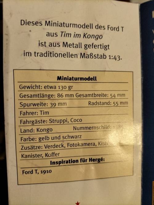 MODEL TOY. MODEL `T` FORD TINTIN AU CONGO.HERGE. . DIE CAST METAL. 1:43.