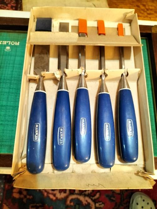 MARPLES, ENGLAND WOOD WORKING CHISEL SET.