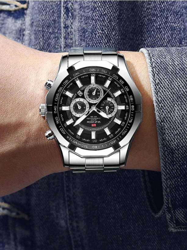 Waterproof Men`s Sports Quartz Watch With Black Dial