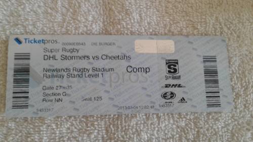 STORMERS V CHEETAS 2013 RUGBY TICKET- UNUSED