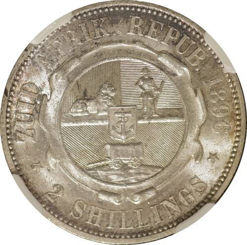 PAUL KRUGER ZAR 1896 TWO SHILLINGS (2S) GRADED BY NGC MS62