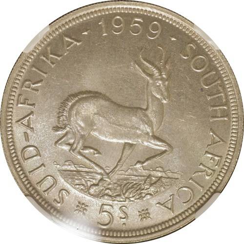 UNION OF SOUTH AFRICA 1959 FIVE SHILLINGS (5S) GRADED BY NGC MS63 (HARD COIN TO GET)