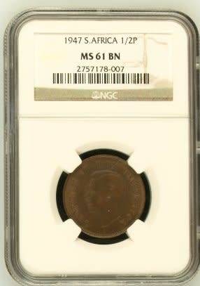 1947 UNION OF SOUTH AFRICA HALF PENNY GRADED MS61BN BY NGC