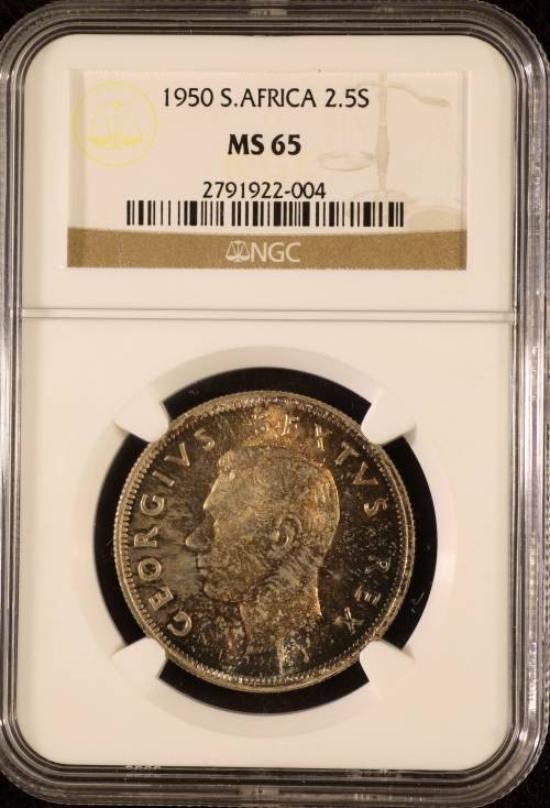 "TOP POP" UNION OF SOUTH AFRICA 1950 HALFCROWN GRADED MS65 BY NGC