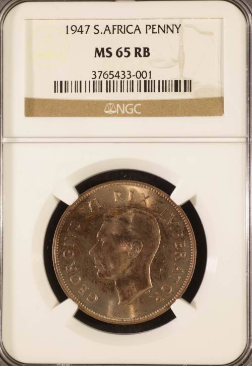 "TOP POP" COIN IN RED BROWN UNION OF SOUTH AFRICA 1947 PENNY GRADED MS65 RB BY NGC