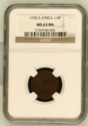 THE RARE UNION OF SOUTH AFRICA 1930 FARTHING GRADED MS63 BN BY NGC