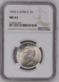 UNION OF SOUTH AFRICA 1943 TWO SHILLINGS GRADED MS63 BY NGC