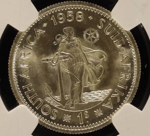 UNION OF SOUTH AFRICA 1958 SHILLING GRADED MS66 BY NGC (TOP POP COIN AT NGC)