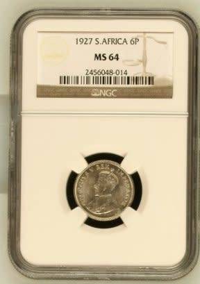 UNION OF SOUTH AFRICA 1927 SIXPENCE GRADED MS64 BY NGC