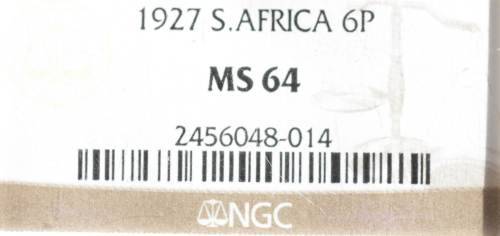 UNION OF SOUTH AFRICA 1927 SIXPENCE GRADED MS64 BY NGC