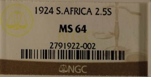 ### NGC TOP POP COIN ### UNION OF SOUTH AFRICA 1924 HALFCROWN GRADED MS64 BY NGC