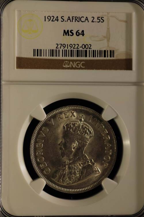 ### NGC TOP POP COIN ### UNION OF SOUTH AFRICA 1924 HALFCROWN GRADED MS64 BY NGC