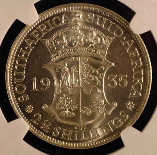 UNION OF SOUTH AFRICA 1935 HALFCROWN GRADED MS62 BY NGC (EXCEPTIONAL MS62 COIN)