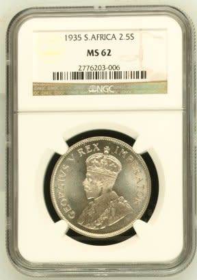 UNION OF SOUTH AFRICA 1935 HALFCROWN GRADED MS62 BY NGC (EXCEPTIONAL MS62 COIN)