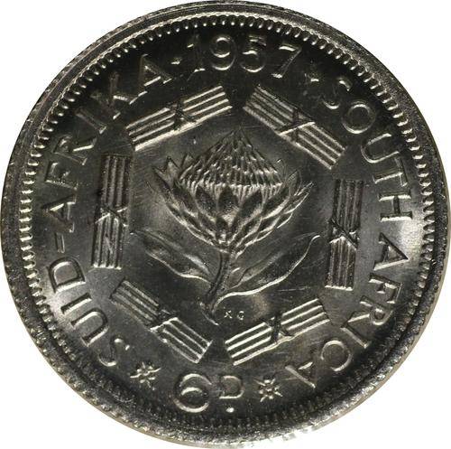 UNCIRCULATED UNION OF SOUTH AFRICA 1957 SIXPENCE (6P)