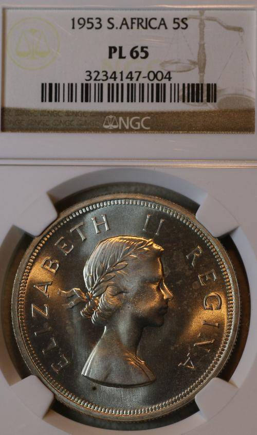 1953 PROOF LIKE UNION OF SOUTH AFRICA FIVE SHILLINGS (5S) GRADED PL65 BY NGC