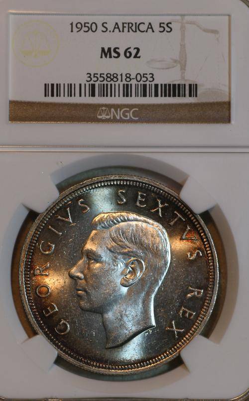 UNION OF SOUTH AFRICA 1950 FIVE SHILLINGS (5S) NGC GRADED MS62