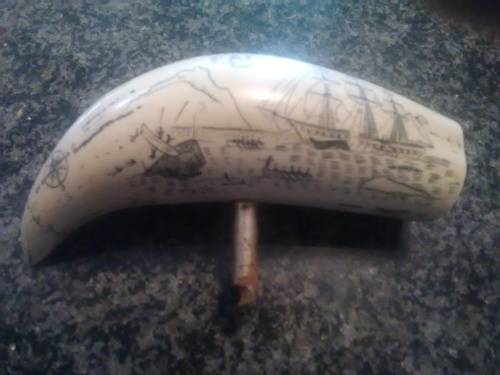 Unique Whale tooth inscribed with pictures depicting whaling activities and a ship.