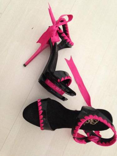 Pleasure hot pink and black triple heel platforms