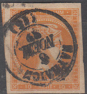 Greece 1861 - 10 l Large Hermes Heads imperf  Orange - Very fine used - 4 margins