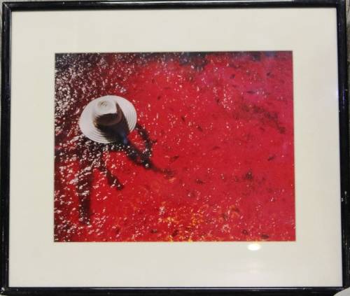 Framed office art - `Diving into red water` - the glass is cracked