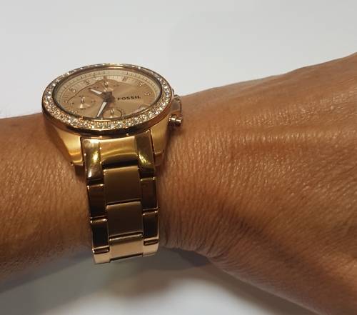 Ladies Rose Gold and diamante Fossil chronograph watch c/w additional links