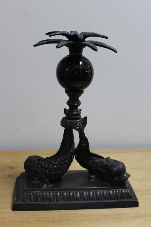 Bronze carved artwork candle holder mounted on marble