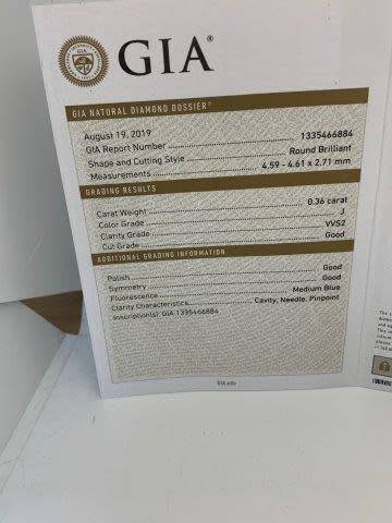 6.1gr Platinum,  0.36ct Round Brilliant Diamond J VVS2 Ring with GIA cert