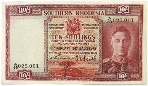 1947 Southern Rhodesia 10 Shilling note