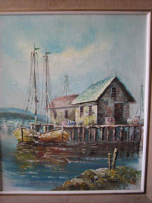 BEAUTIFUL UNSIGNED HARBOURED BOATS  FRAMED.650 X 580.READ ON