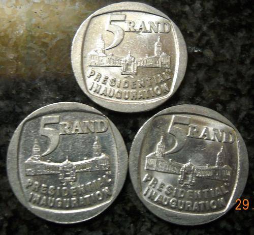 3 x Inauguration R5 Coins Plus 1 x Mandela 2008 INTERNATIONAL AIR MAIL Stamp -BID IS 4 LOT
