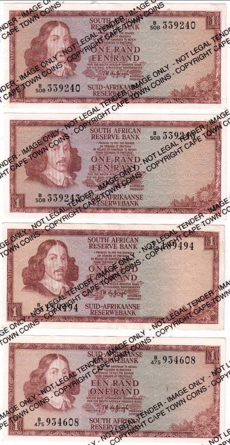 Lot of 8 Uncirculated Tw de Jongh 3rd issue R1 banknotes - as per scan