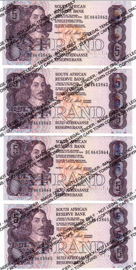 CL Stals 1st issue R5 banknotes Uncirculated with 4 consecutive numbers, one note got a small torn*