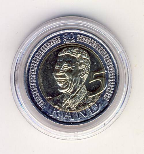 2008 SA Nelson Mandela 90th birthday UNC R5 coin - as per scan
