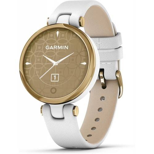 Garmin Lily, Small GPS Smartwatch with Touchscreen and Patterned Lens, Light Gold with White Leather