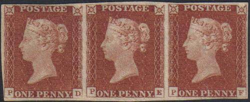 Great Britain - SG8a - 1d Red-Brown on very blued paper - Strip of 3 - MM - MIN CV  R34750