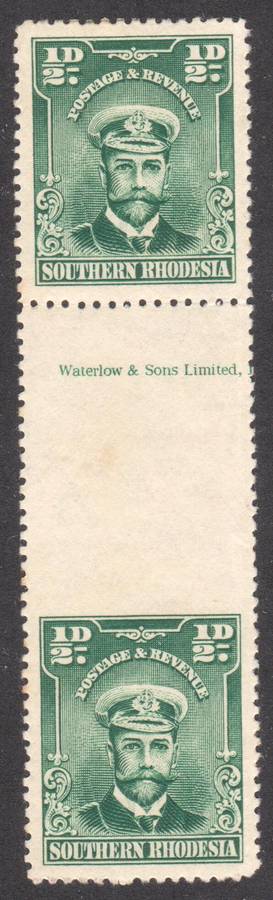 Southern Rhodesia - 1/2 Green Imperf Top Margin Bottom Stamp with inscriptionMM