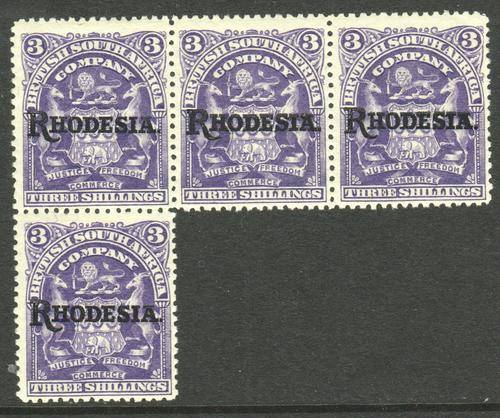 BSAC / Rhodesia 1909 SG109 3/- Deep Violet MM/UM "Block" of 4