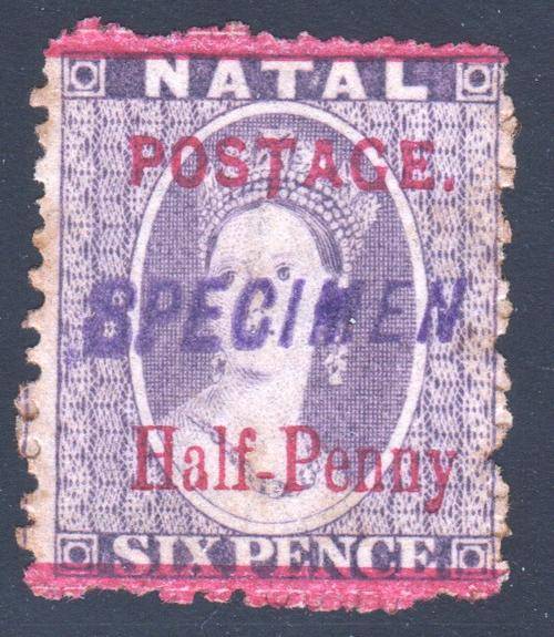 Natal 1895 SG114s 1/2d on 6d Deep Violet handstamped "SPECIMEN"