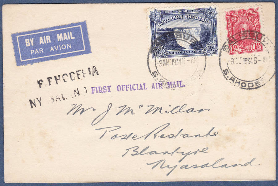 Souhern Rhodesia 1934 Entire to Blantyre, Nyasaland - London -SALISBUY CDS - FIRST OFFICIAL AIR MAIL