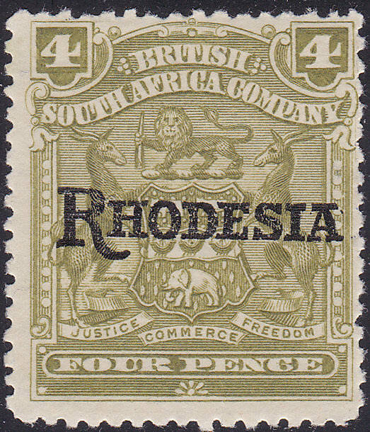 BSAC / Rhodesia 1909-12 SG105a 4d Olive  - No stop after `A`  LMM V £100(2017)