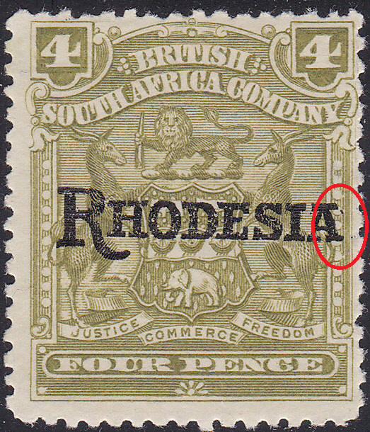 BSAC / Rhodesia 1909-12 SG105a 4d Olive  - No stop after `A`  LMM V £100(2017)