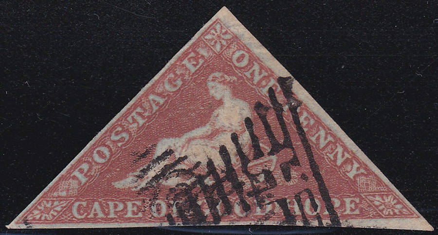 Cape of Good Hope 1853 SACC1a 1d DEEP BRICK RED ON DEEPLY BLUED PAPER - VFU CV R14000