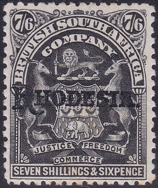 B.S.A.C./RHODESIA 1905 SG111 7s6d Black o/p `Rhodesia` LMM CV £110(2017)