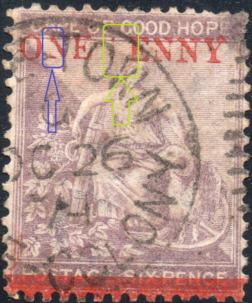 Cape of Good Hope 32a(var) - 1d on 6d Deep Lilac - ``P`` in ``PENNY`` omitted -Unlisted - RARE